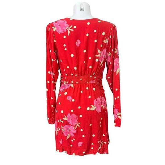 Free People Strawberry Combo Long Sleeve ruched Mini Dress Slimming‎ Preppy sz M - Picture 4 of 10